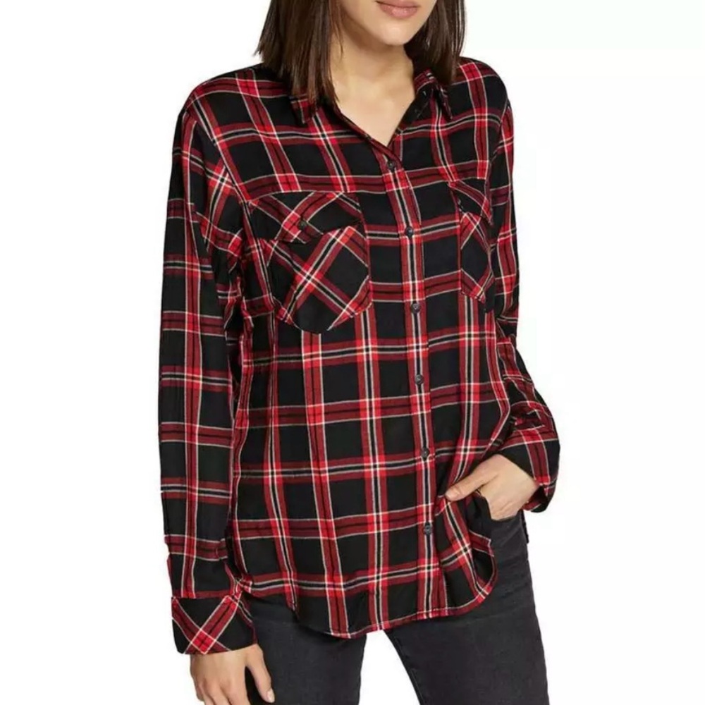 Sanctuary Women's  Long Plaid Snap Front Shirt - Size S